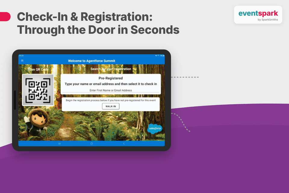 Check-In & Registration: delegates scan a QR code or search their name on a tablet to check in