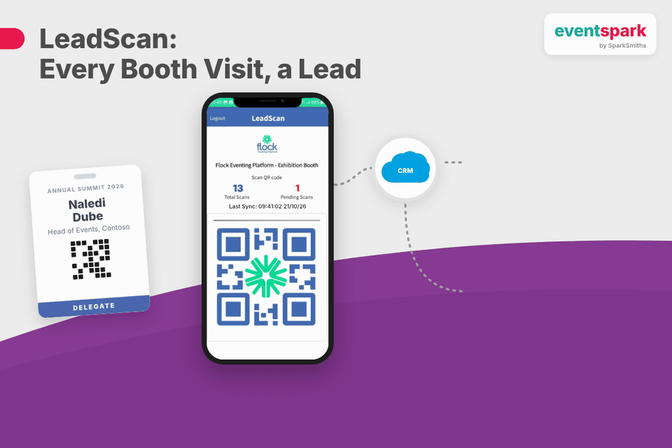 LeadScan: an exhibitor scans a delegate badge QR code on their phone and the Lead syncs to Salesforce