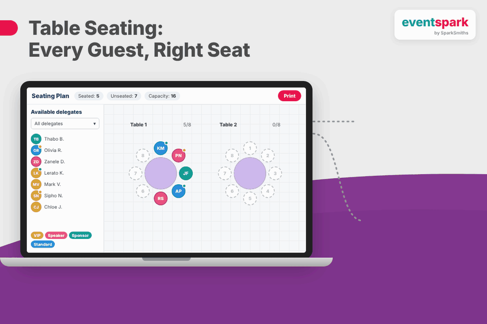 Table Seating: delegates are dragged from the available list onto seats at each table