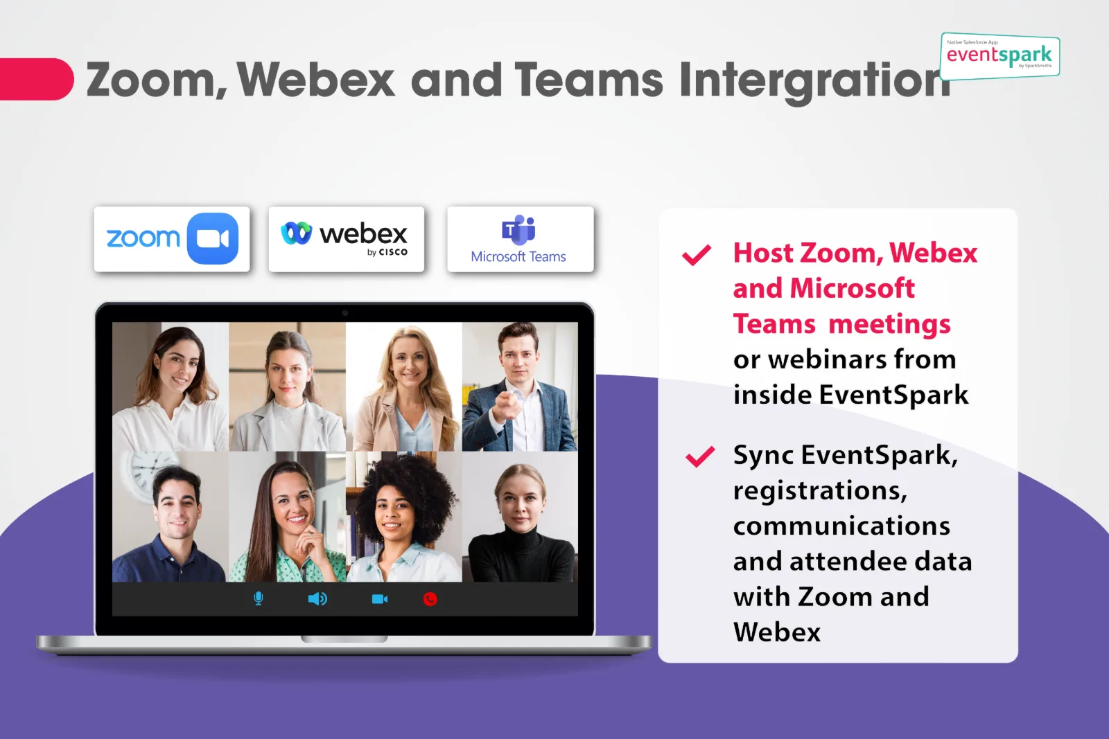EventSpark virtual event settings connecting a Salesforce event to Zoom, Webex or Microsoft Teams